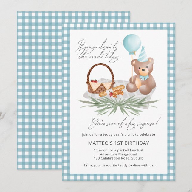 Blue Teddy Bear Picnic First Birthday Balloons Invitation (Front/Back)