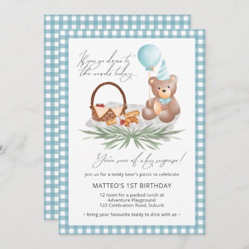 Blue Teddy Bear Picnic First Birthday Balloons Invitation