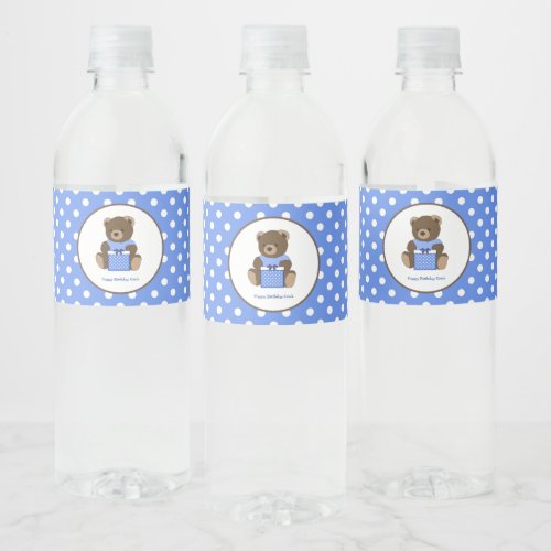 Blue Teddy Bear Polka Birthday Water Bottle Label