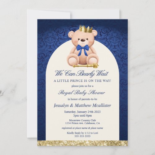 Blue Teddy Bear Prince Baby Shower Invitation
