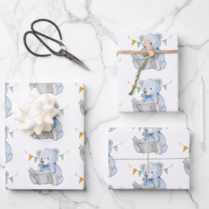 Blue Teddy Bear reading a book Baby Shower Wrapping Paper Sheets