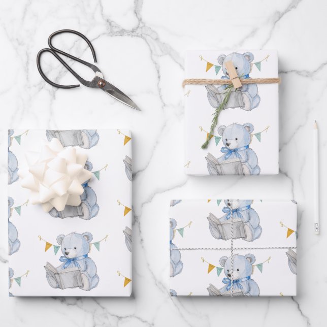 Blue Teddy Bear reading a book Baby Shower Wrapping Paper Sheets (Front)