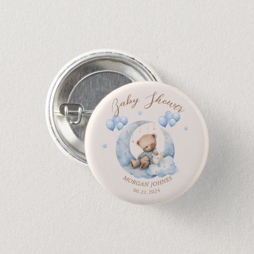 Blue Teddy Bear Stars Baby Shower Button