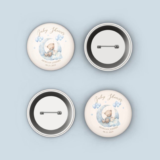 Blue Teddy Bear Stars Baby Shower Button (Creator Uploaded)