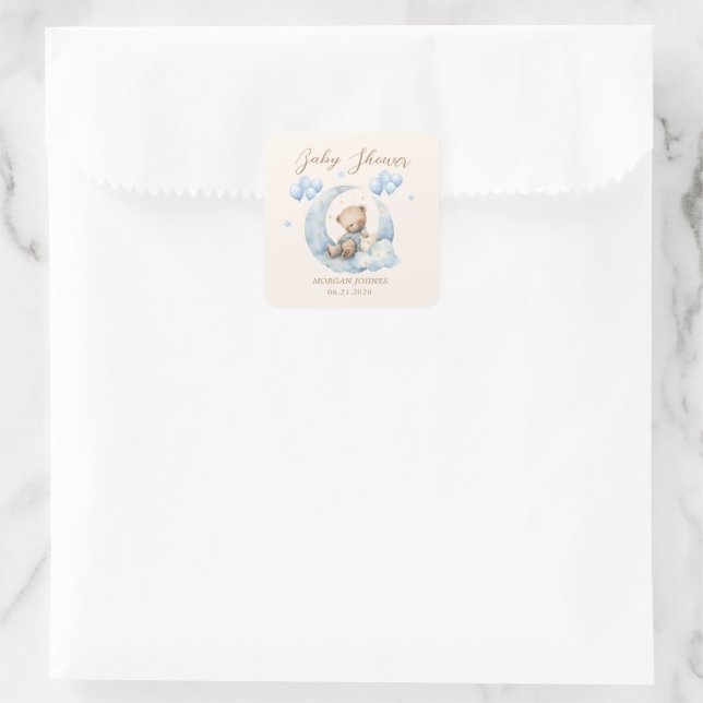 Blue Teddy Bear Stars Baby Shower Square Sticker (Bag)