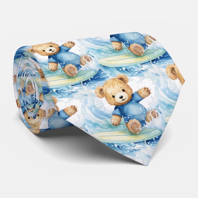 Blue Teddy Bear Surfing Neck Tie (Rolled)
