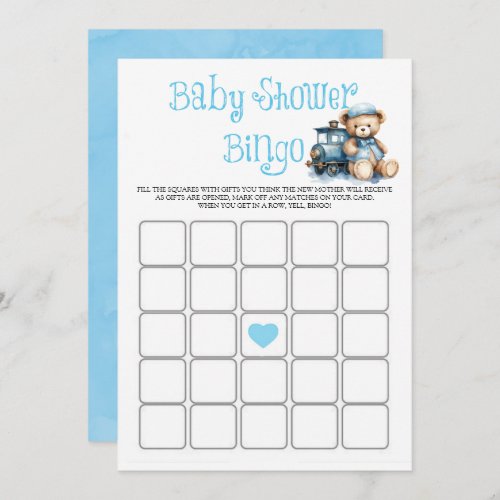 Blue Teddy Bear Train Boy Baby Shower Bingo Card