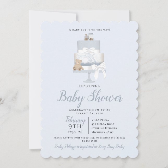 Blue Teddy Bear Train Cake Boy Baby Shower Invitation (Front)