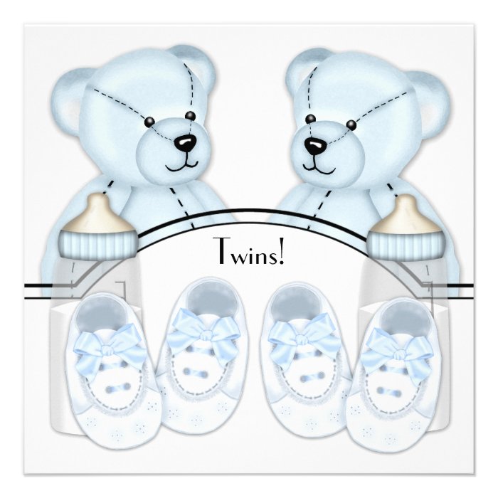 Blue Teddy Bear Twin Boys Baby Shower Invitations