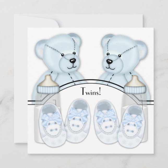 Blue Teddy Bear Twin Boys Baby Shower Invitations (Front)