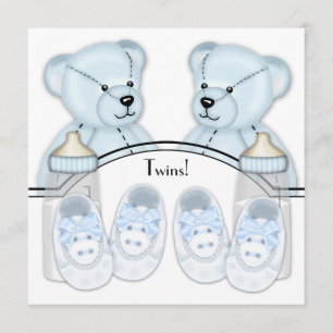 Blue Teddy Bear Twin Boys Baby Shower Invitations