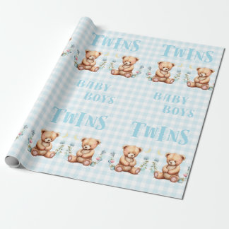 Blue Teddy Bear Twins Typography Baby Shower Wrapping Paper