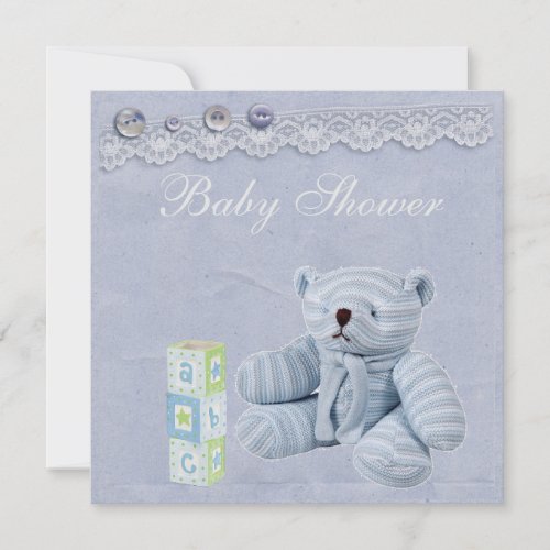 Blue Teddy Bear Vintage Lace Baby Boy Shower Invitation