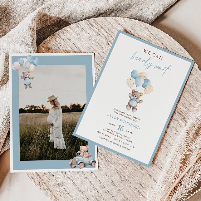 Blue Teddy Bear Watercolor Photo Baby Boy Shower Invitation (Creator Uploaded)