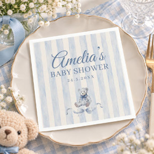 Blue Teddy Bear Watercolor Stripes Baby Shower Napkins