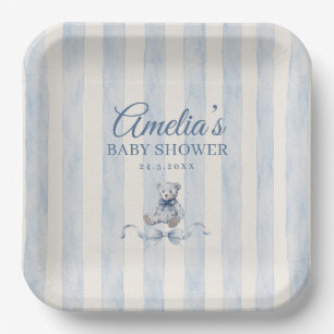 Blue Teddy Bear Watercolor Stripes Baby Shower Paper Plates
