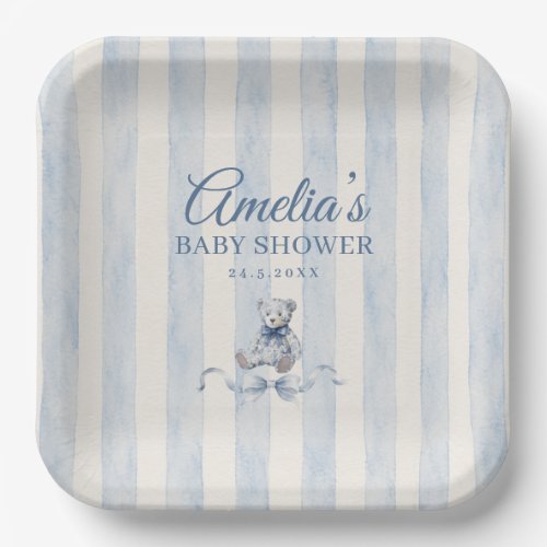 Blue Teddy Bear Watercolor Stripes Baby Shower Paper Plates