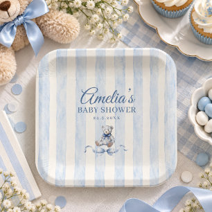 Blue Teddy Bear Watercolor Stripes Baby Shower Paper Plates