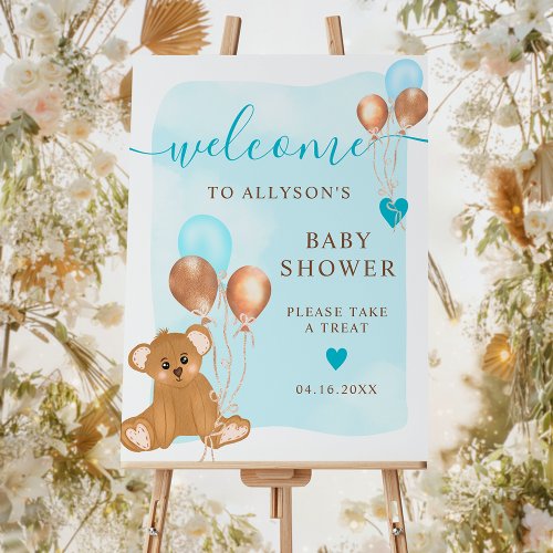 Blue teddy bear watercolor welcome baby shower foam board