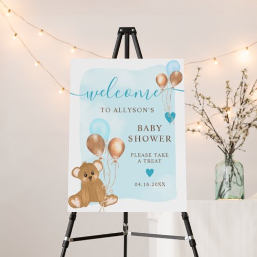 Blue teddy bear watercolor welcome baby shower foam board - Blue teddy bear watercolor rose gold welcome baby shower . Cute teddy bear watercolor illustration and rose gold glitter foil blue balloons baby shower with an elegant script font typography with a blue frame and clouds.