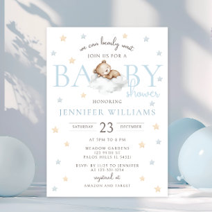 Blue Teddy Bear We Can Bearly Wait Baby Boy Shower Invitation
