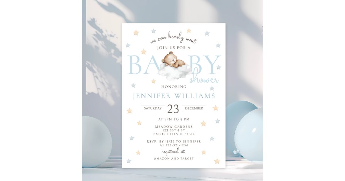 Blue Teddy Bear We Can Bearly Wait Baby Boy Shower Invitation | Zazzle