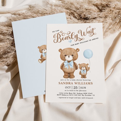 Blue Teddy Bear We Can Bearly Wait Baby Shower Boy Invitation