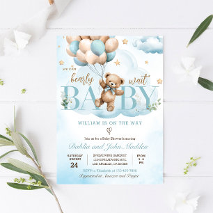 Blue Teddy Bear We Can Bearly Wait Baby Shower Invitation