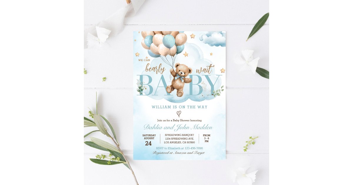 Blue Teddy Bear We Can Bearly Wait Baby Shower Invitation | Zazzle