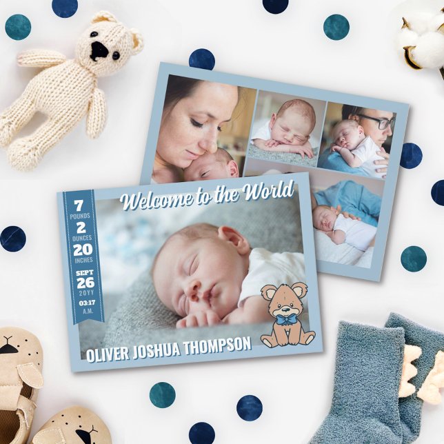 Blue Teddy Bear Welcome to the World Baby Boy Announcement (Creator Uploaded)