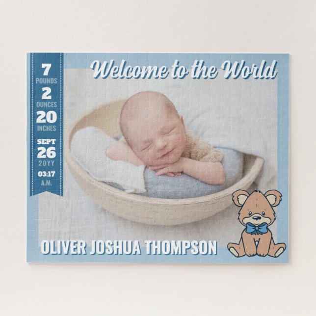 Blue Teddy Bear Welcome to the World Baby Boy Jigsaw Puzzle (Horizontal)
