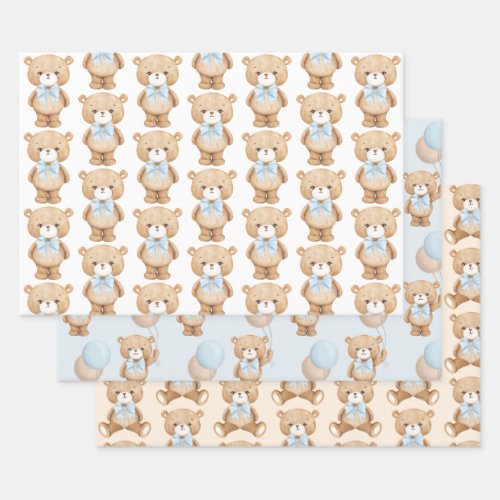 Blue Teddy Bear with Balloon Baby Boy 1st Birthday Wrapping Paper Sheets