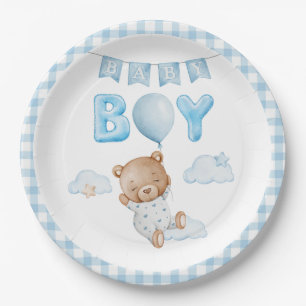 Blue Teddy Bear with Balloon Baby Shower Paper Plates