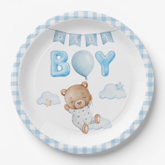 Blue Teddy Bear with Balloon Baby Shower Paper Plates (Front)