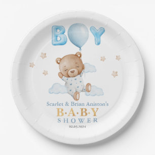 Blue Teddy Bear with Balloon Baby Shower Paper Plates