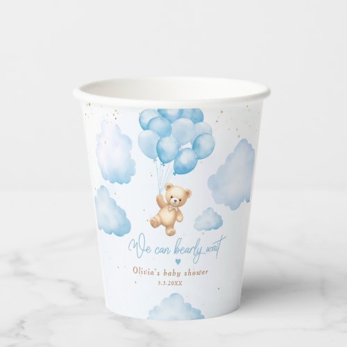 Blue teddy bear with balloons baby shower paper cups
