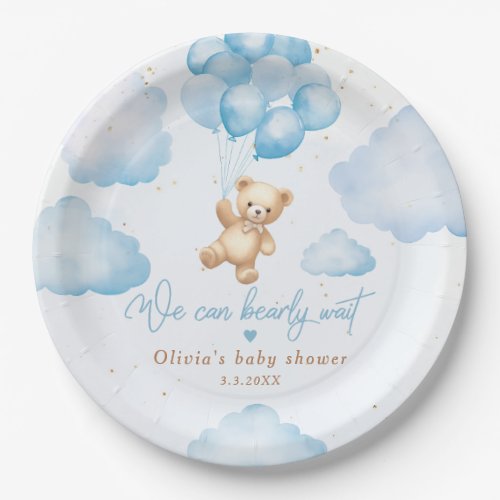 Blue teddy bear with balloons baby shower paper plates