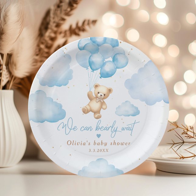 Blue teddy bear with balloons baby shower paper plates (Creator Uploaded)