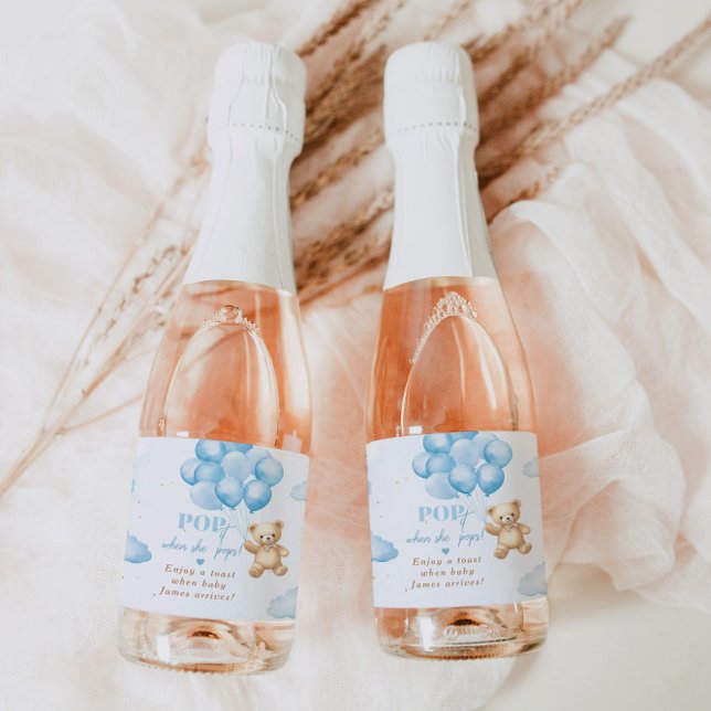 Blue teddy bear with balloons baby shower sparkling wine label (Creator Uploaded)