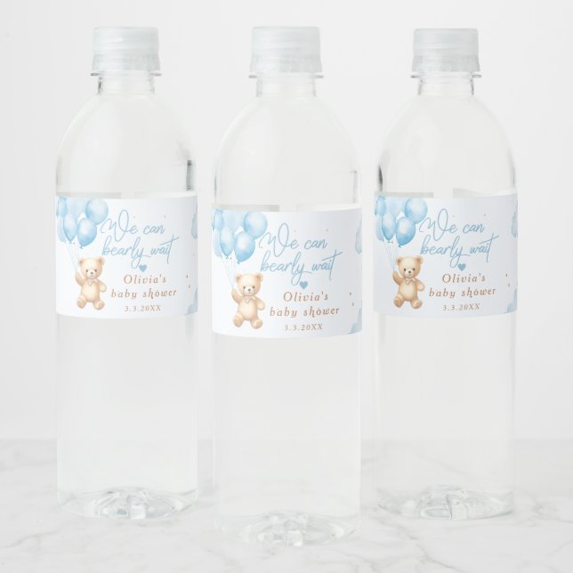 Blue teddy bear with balloons baby shower water bottle label (Bottles)
