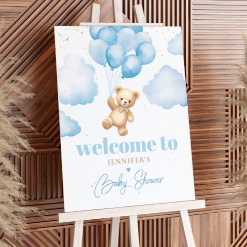 Blue teddy bear with balloons baby shower welcome foam board