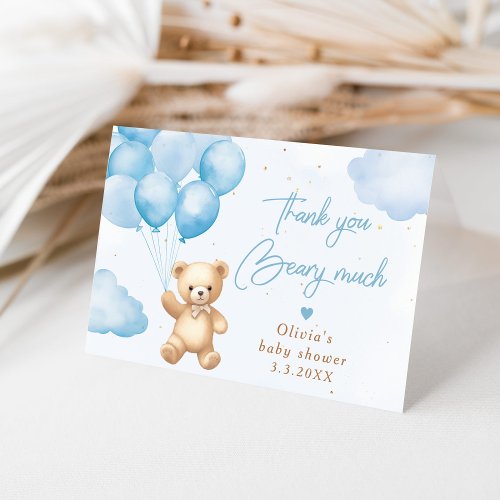 Blue teddy bear with balloons Thank you card