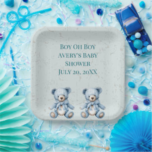 Blue Teddy Bears Twin Baby Shower Paper Plates