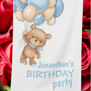 Blue Teddy Boy Happy Birthday Balloons House Flag