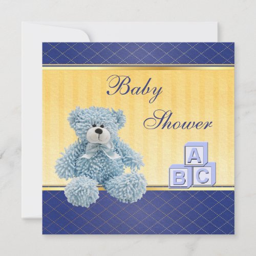 Blue Teddy  Building Blocks Boys Baby Shower Invitation