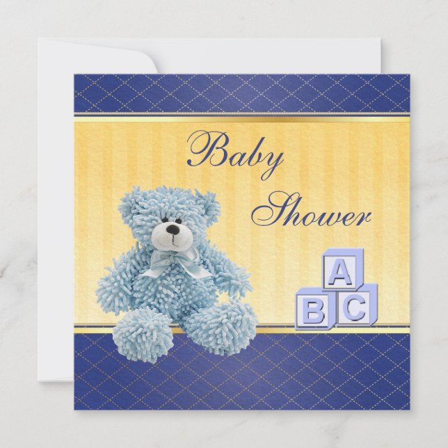 Blue Teddy & Building Blocks Boys Baby Shower Invitation (Front)