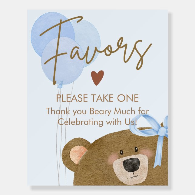 Blue Teddy Can Bearly Wait Baby Shower Favors Sign (Front)