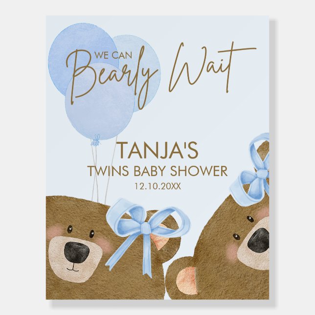 Blue Teddy Can Bearly Wait Boy Twins Baby Shower Foam Board (Front)