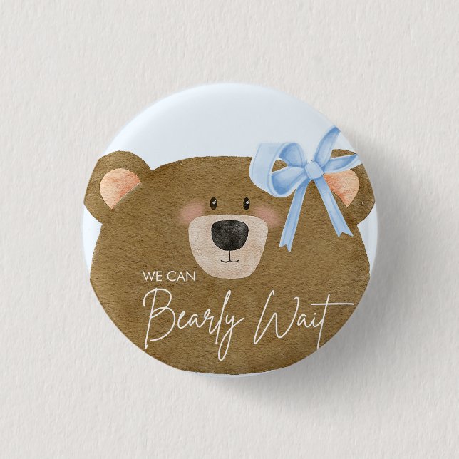 Blue Teddy We Can Bearly Wait Boy Baby Shower Button (Front)