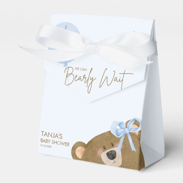 Blue Teddy We Can Bearly Wait Boy Baby Shower Favor Boxes (Front Side)